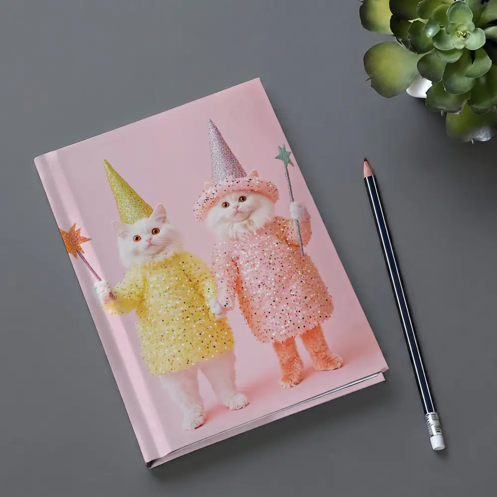 White Cats Wizard Costumes Pink Background – Notebooks