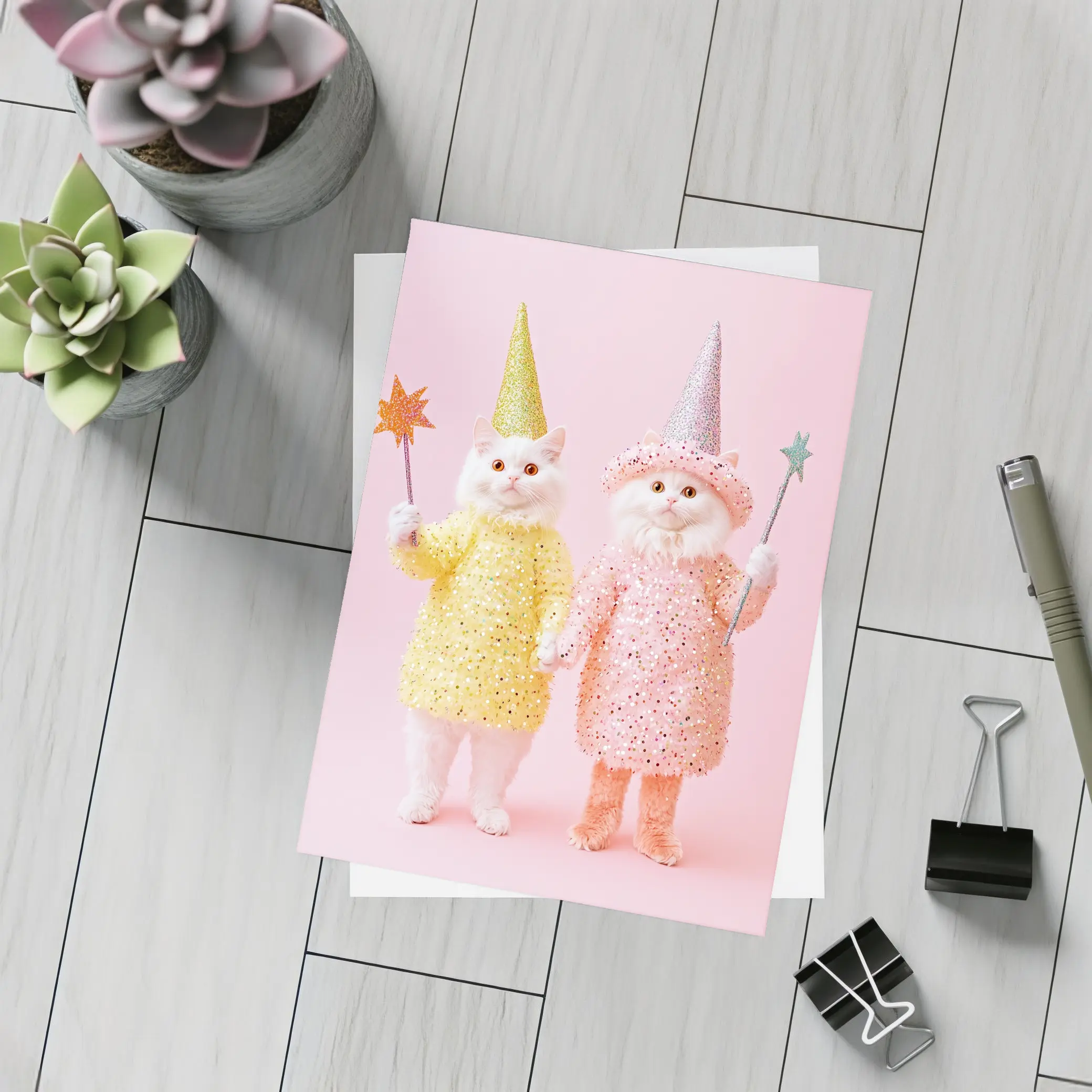 White Cats Wizard Costumes Pink Background – Postcards