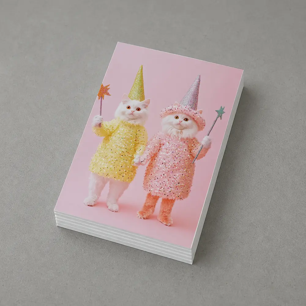 White Cats Wizard Costumes Pink Background – Postcards