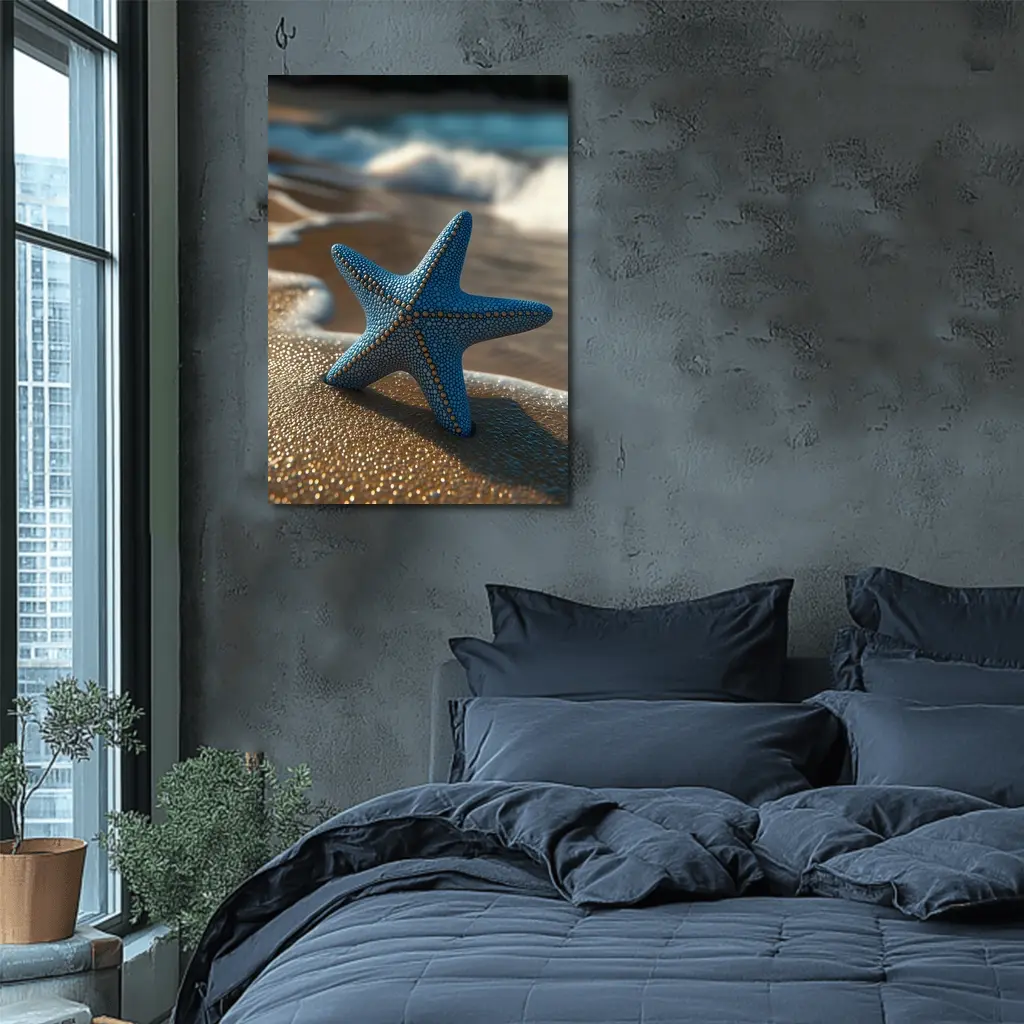 Blue Starfish Resting On Sandy Beach Shore – Wall Art