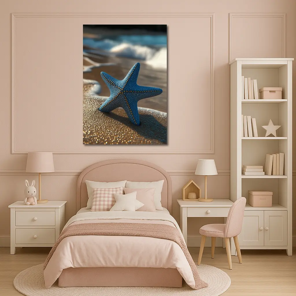 Blue Starfish Resting On Sandy Beach Shore – Wall Art