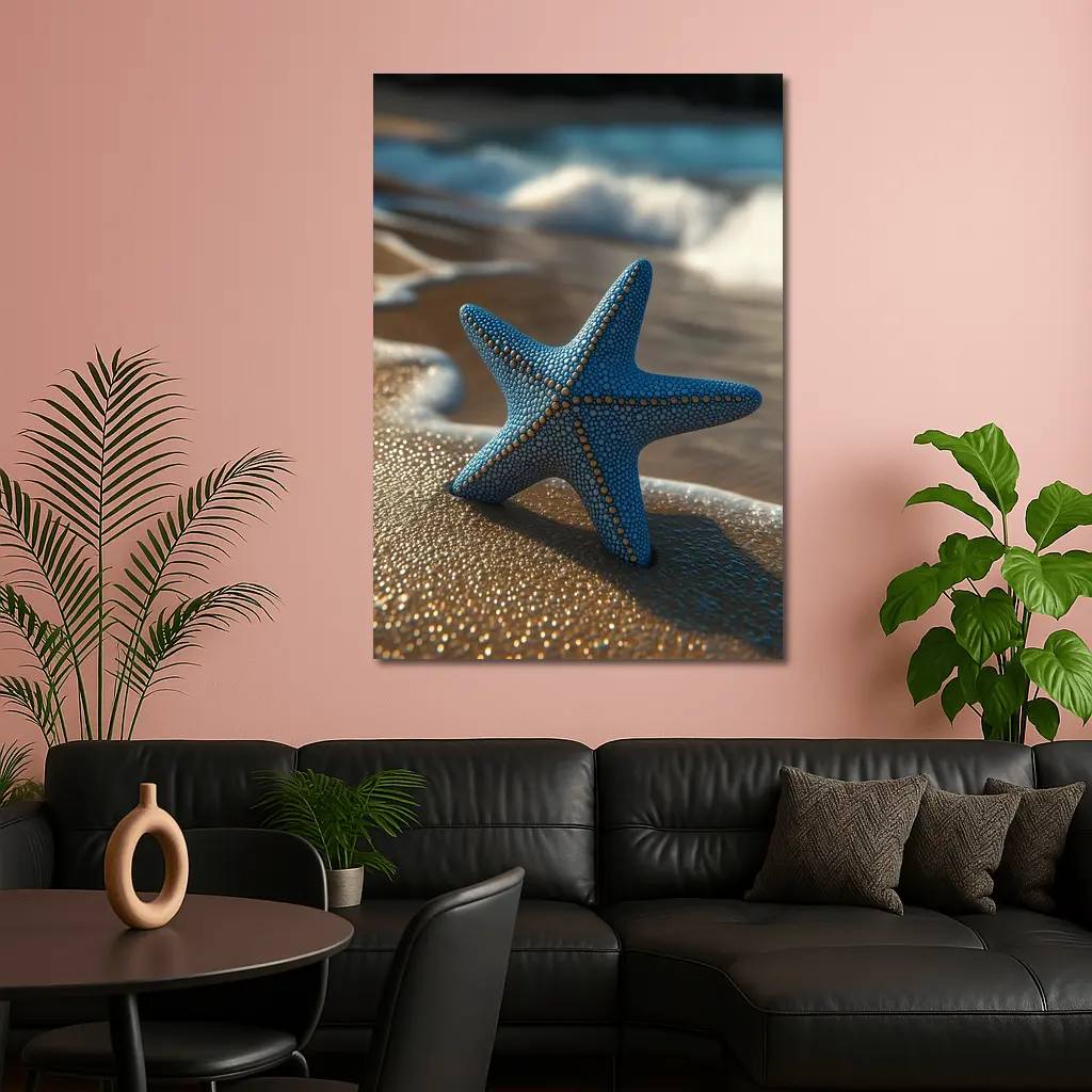 Blue Starfish Resting On Sandy Beach Shore – Wall Art