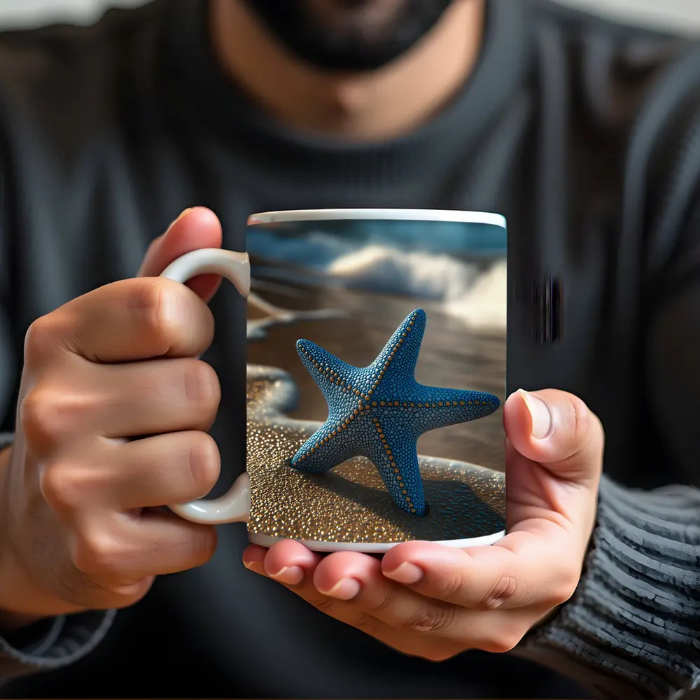 Blue Starfish Resting On Sandy Beach Shore – Mugs