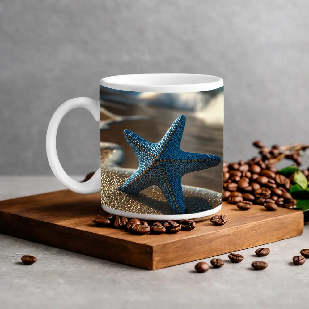 Blue Starfish Resting On Sandy Beach Shore – Mugs