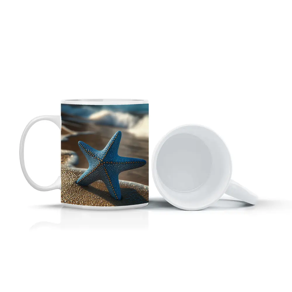 Blue Starfish Resting On Sandy Beach Shore – Mugs