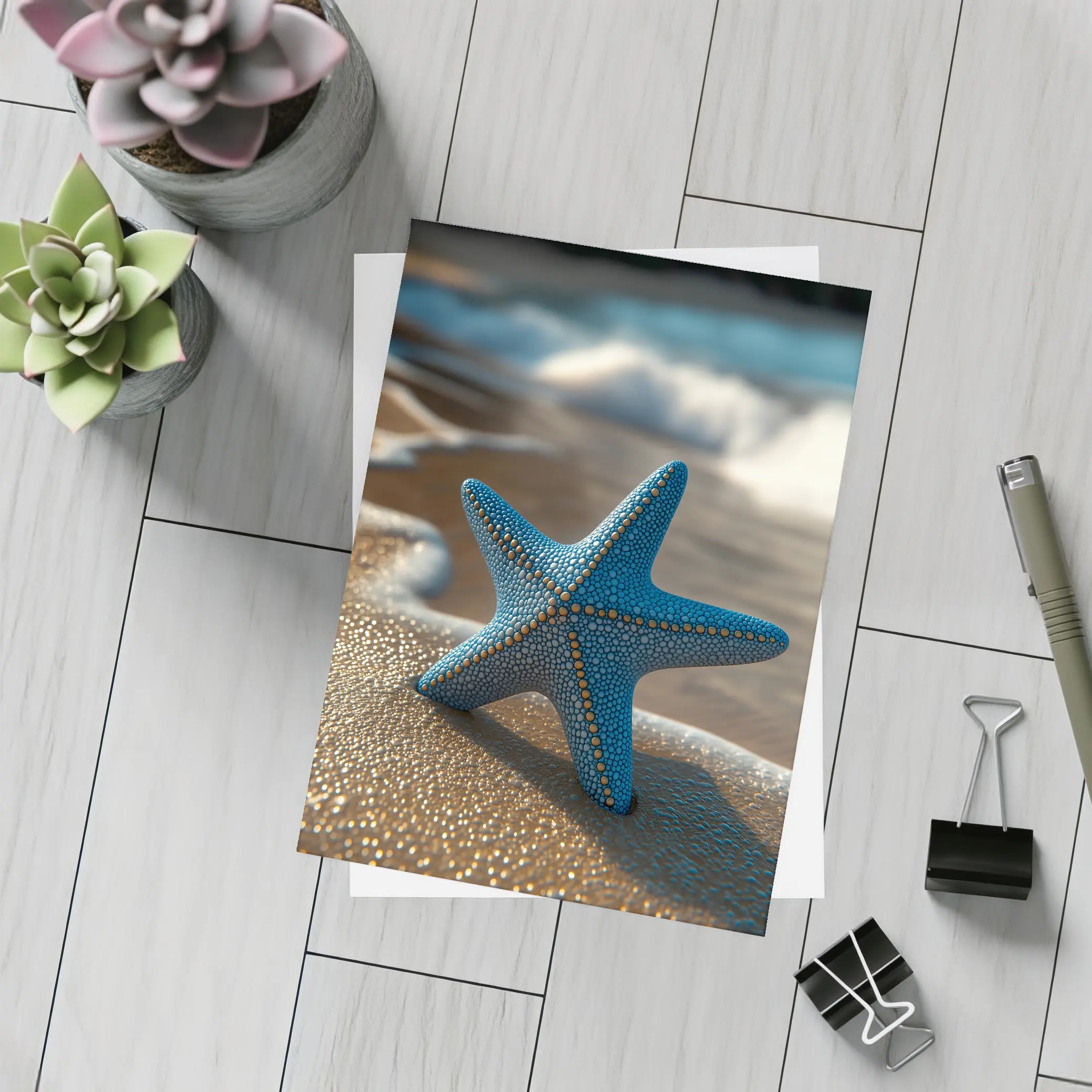 Blue Starfish Resting On Sandy Beach Shore – Postcards
