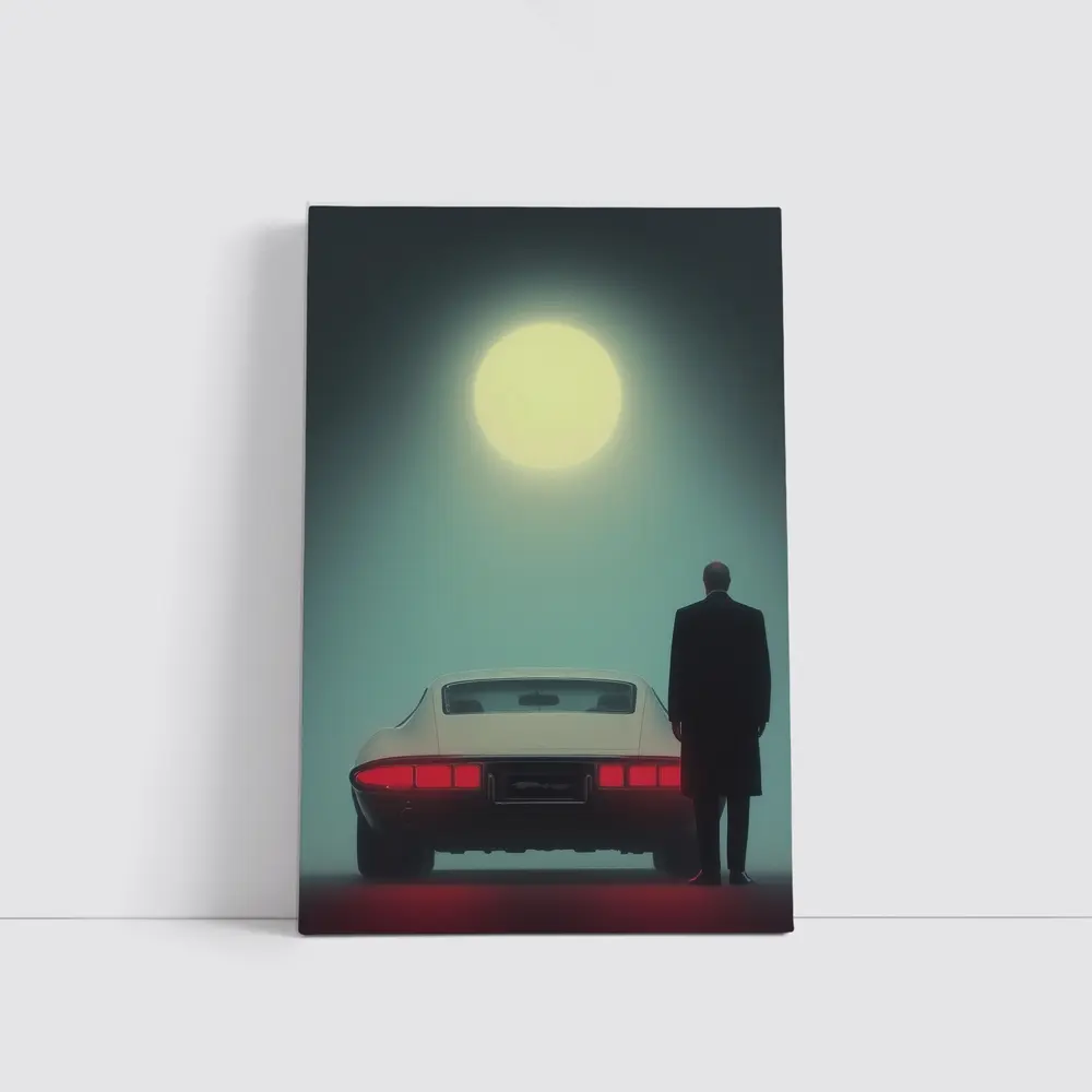 Man Standing Classic Sports Car Full Moon – Wall Art