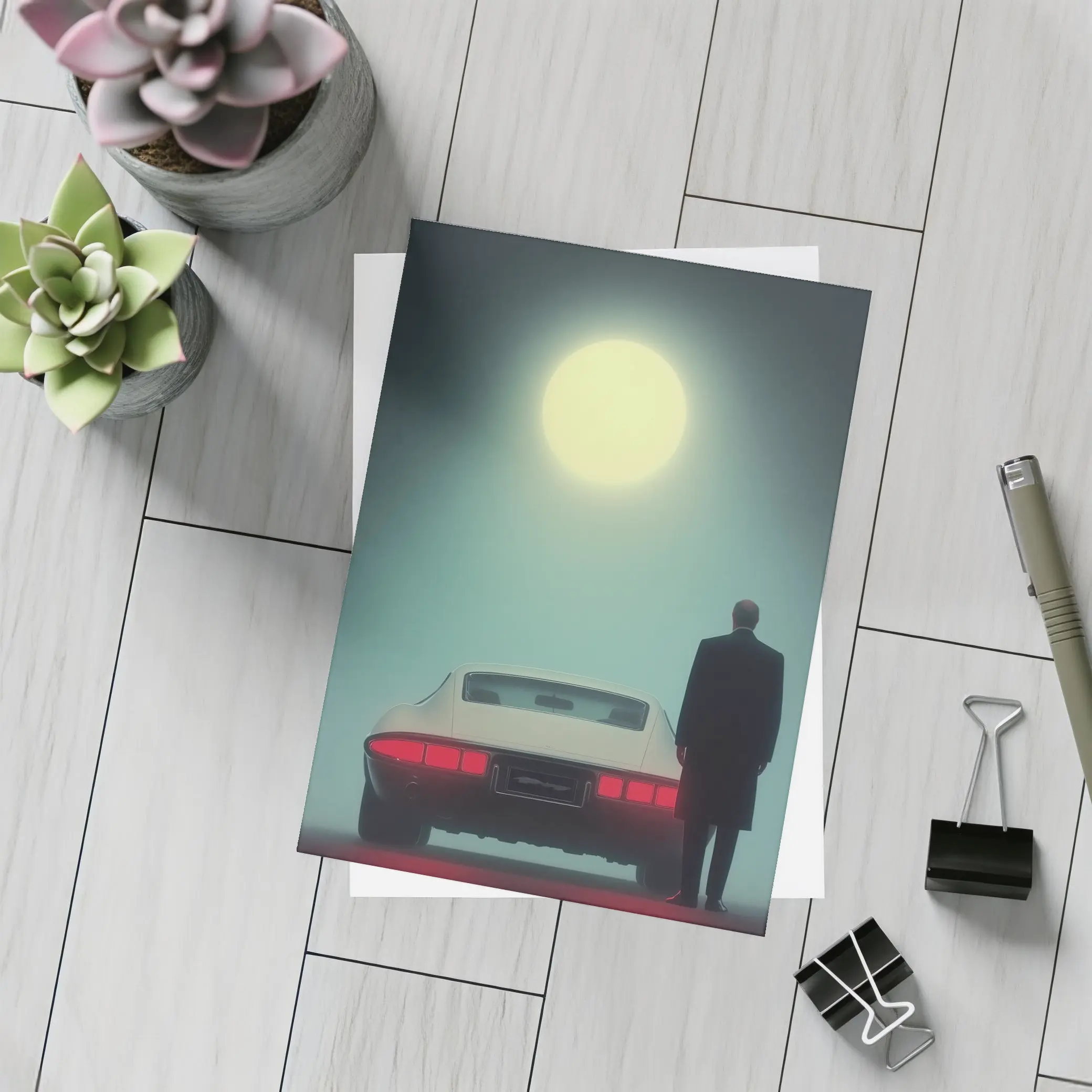Man Standing Classic Sports Car Full Moon – Postcards