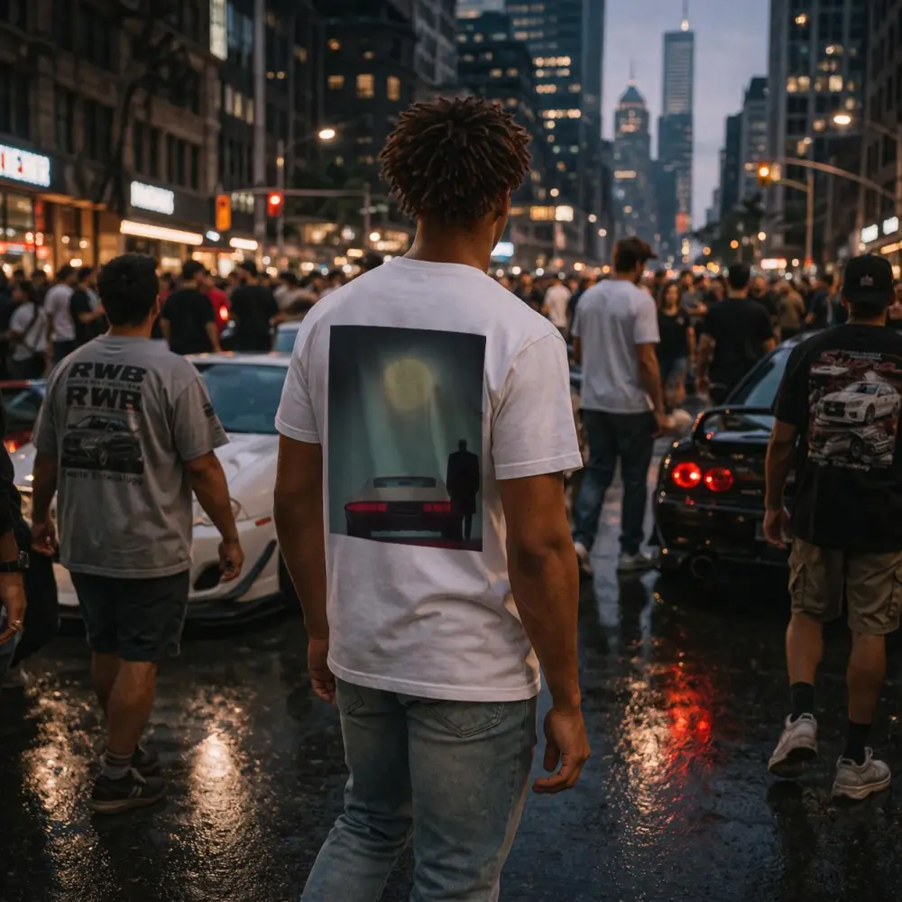 Man Standing Classic Sports Car Full Moon – T-Shirts