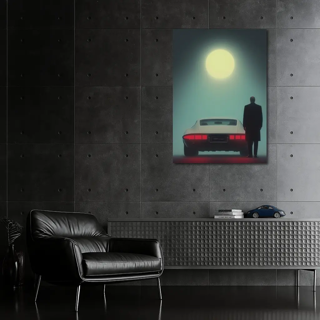 Man Standing Classic Sports Car Full Moon – Wall Art