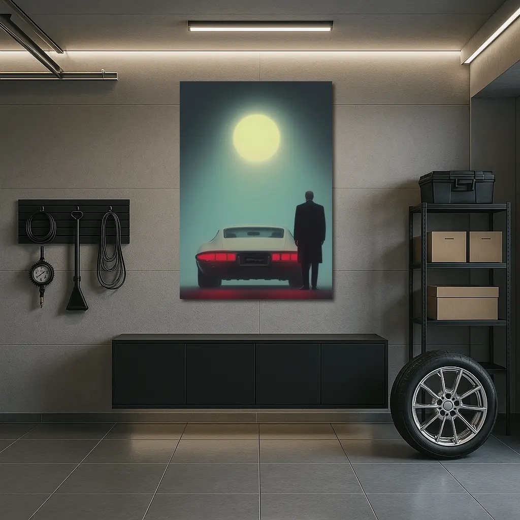 Man Standing Classic Sports Car Full Moon – Wall Art