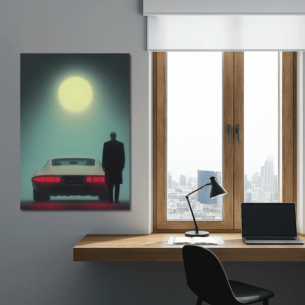 Man Standing Classic Sports Car Full Moon – Wall Art