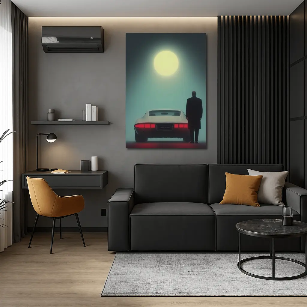 Man Standing Classic Sports Car Full Moon – Wall Art