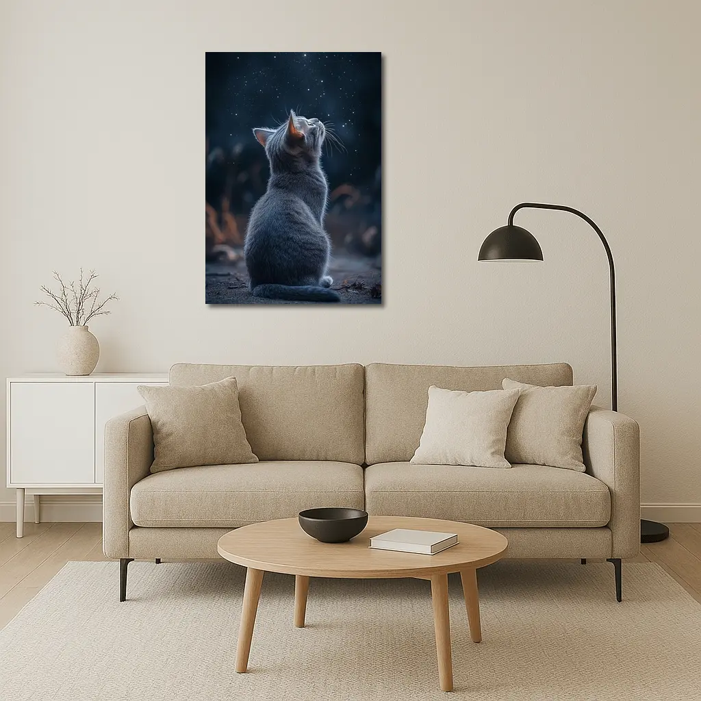 Gray Cat Gazing Up At Starry Night – Wall Art