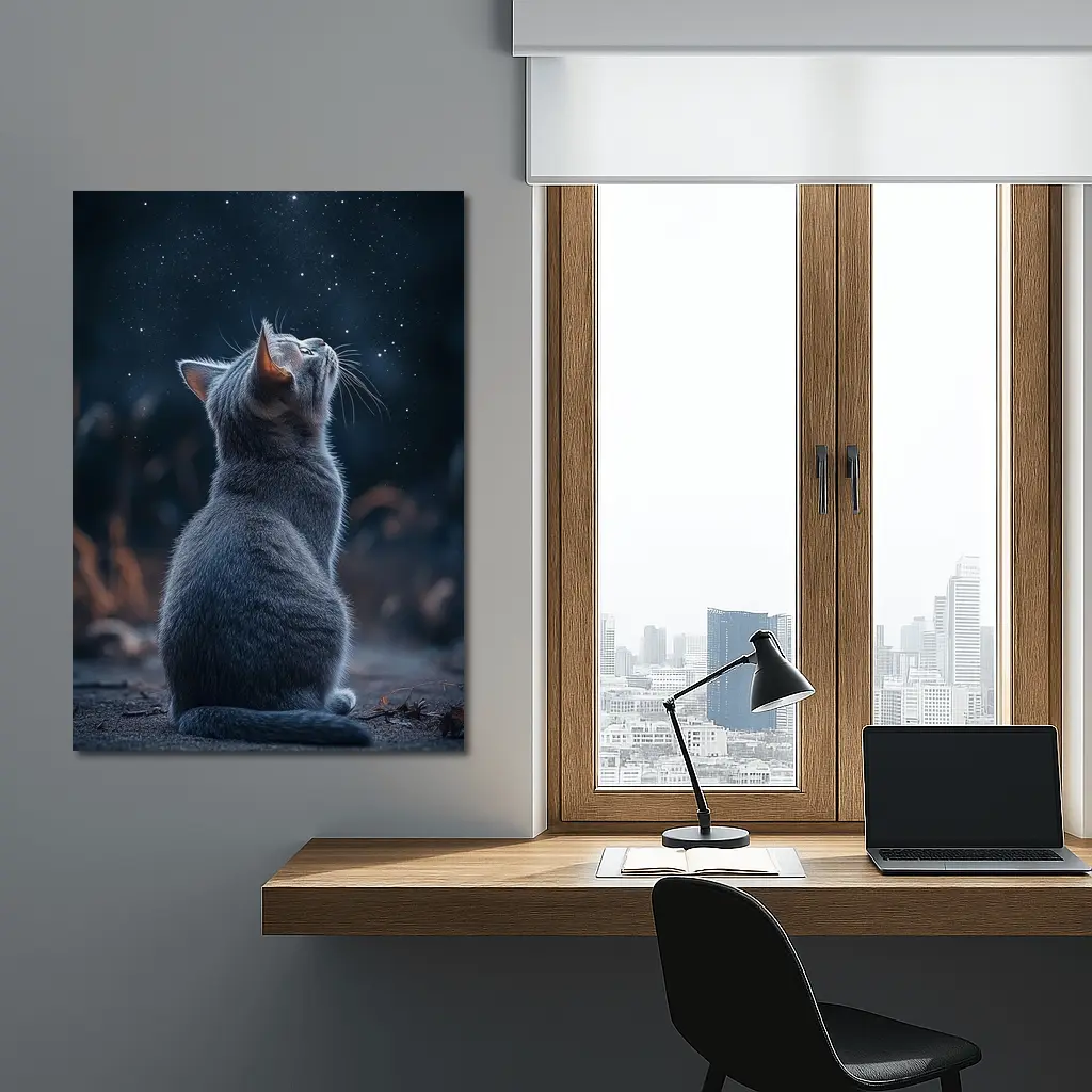 Gray Cat Gazing Up At Starry Night – Wall Art