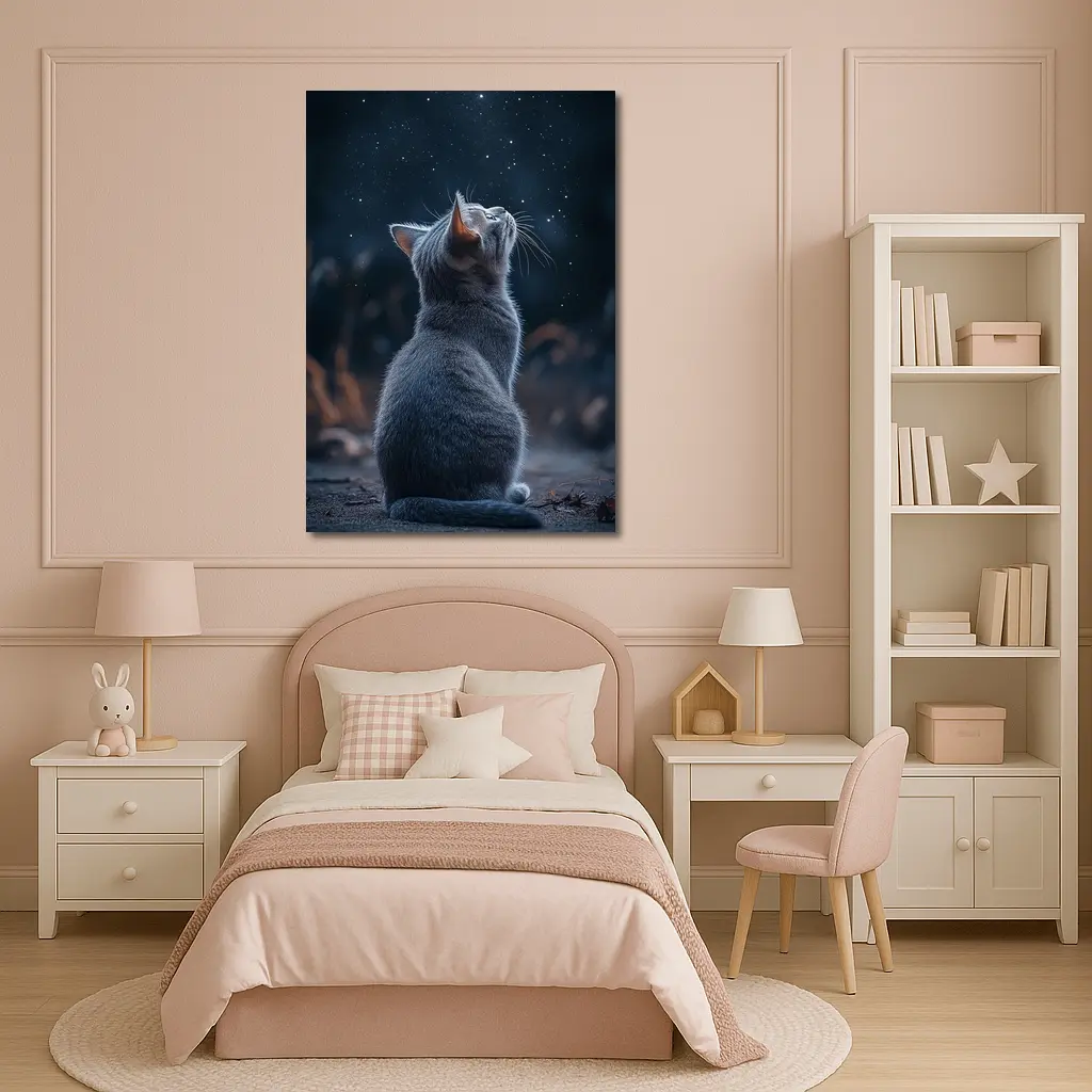Gray Cat Gazing Up At Starry Night – Wall Art