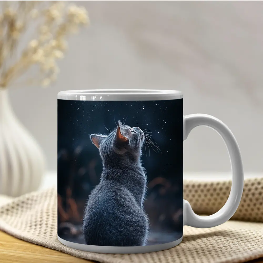 Gray Cat Gazing Up At Starry Night – Mugs