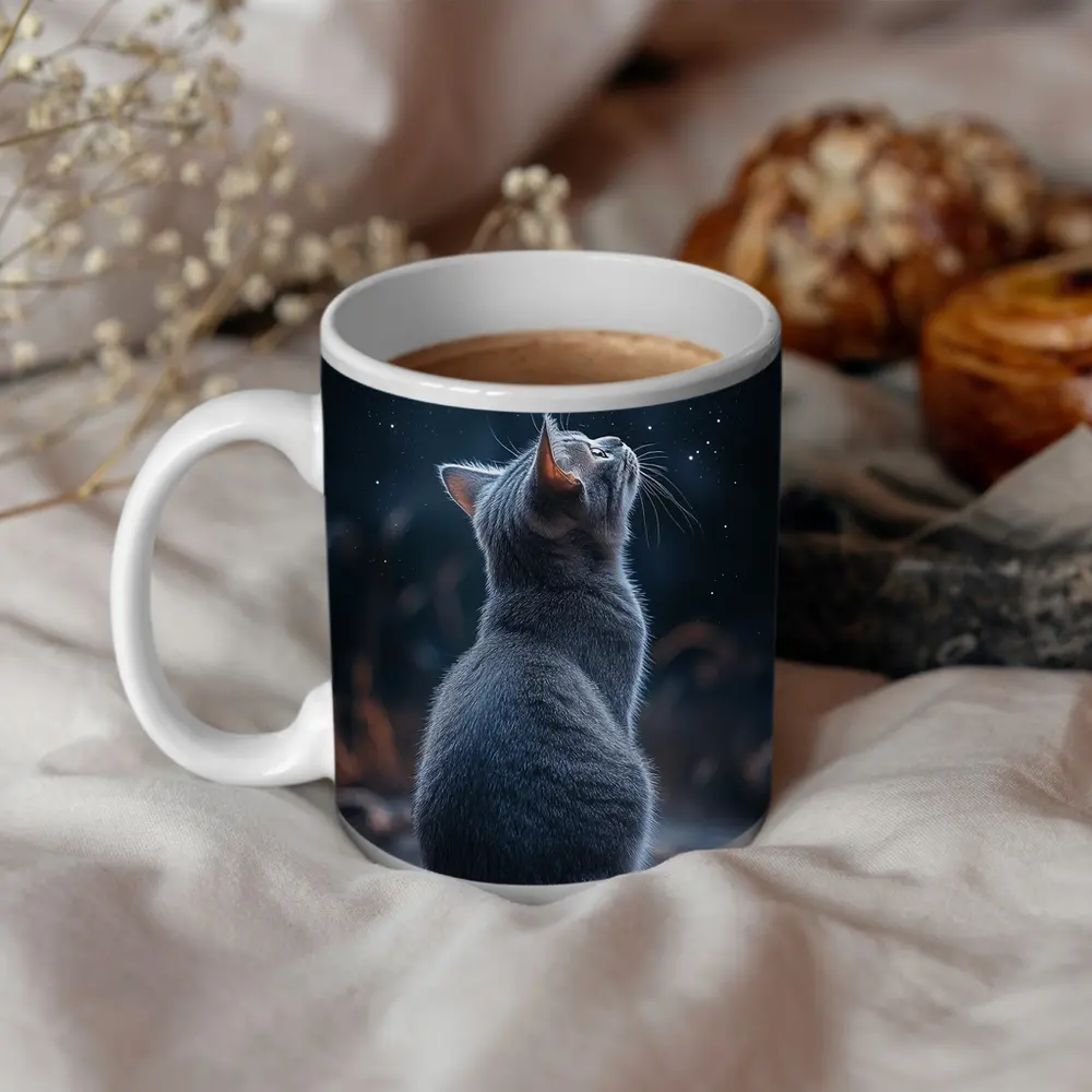 Gray Cat Gazing Up At Starry Night – Mugs