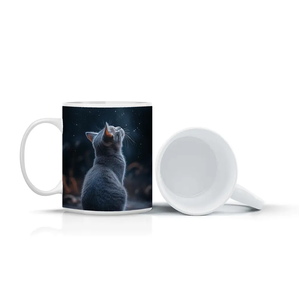 Gray Cat Gazing Up At Starry Night – Mugs