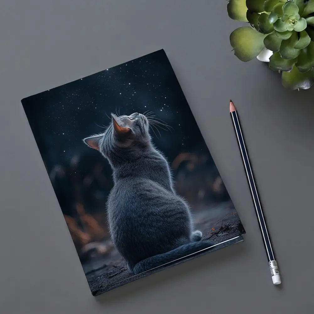 Gray Cat Gazing Up At Starry Night – Notebooks