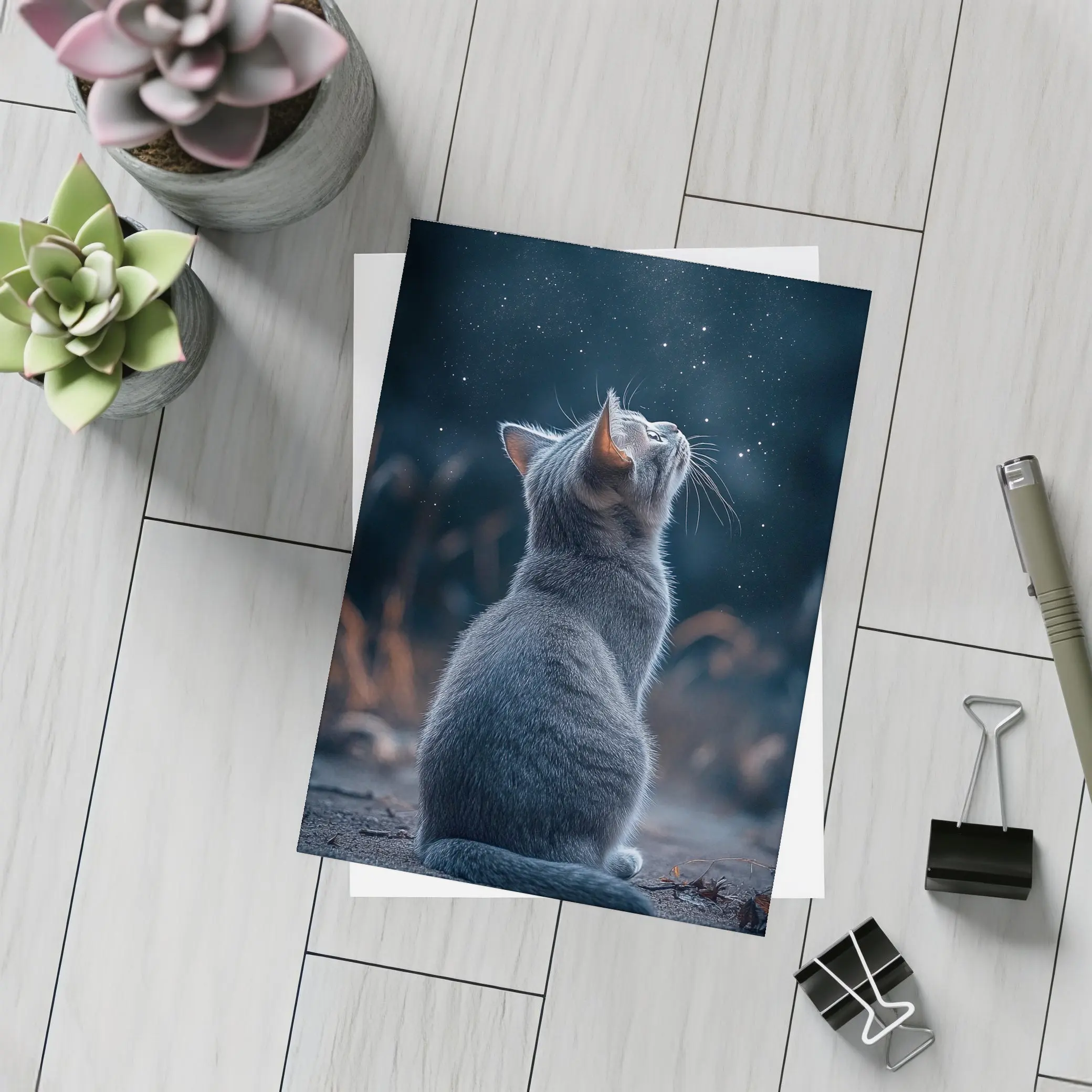 Gray Cat Gazing Up At Starry Night – Postcards