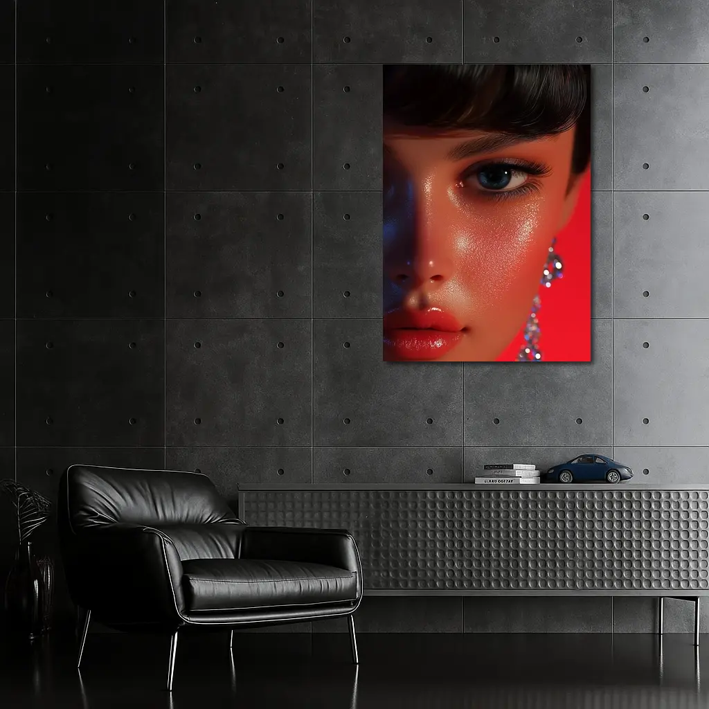 Close Up Woman Portrait Red Background Blue Eyes – Wall Art