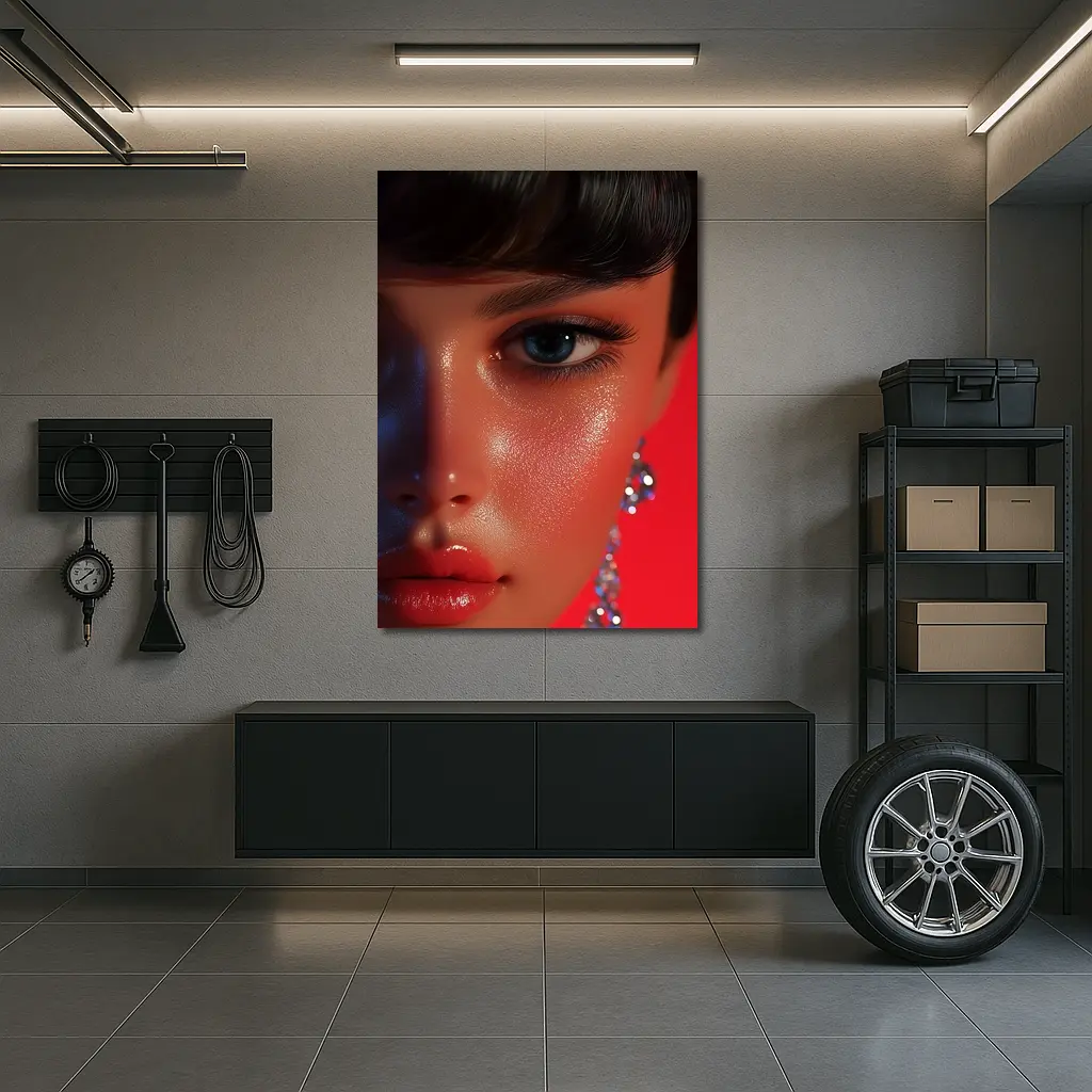 Close Up Woman Portrait Red Background Blue Eyes – Wall Art