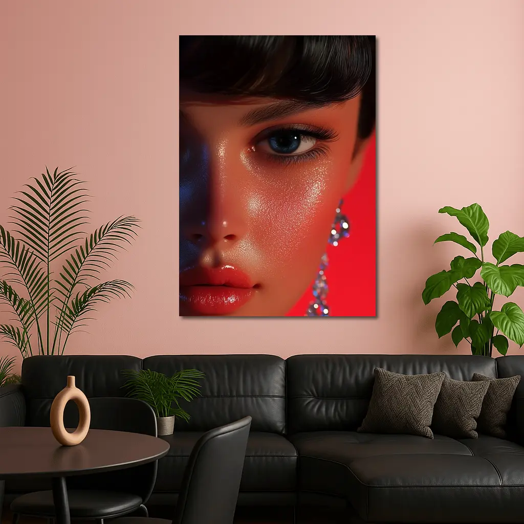Close Up Woman Portrait Red Background Blue Eyes – Wall Art