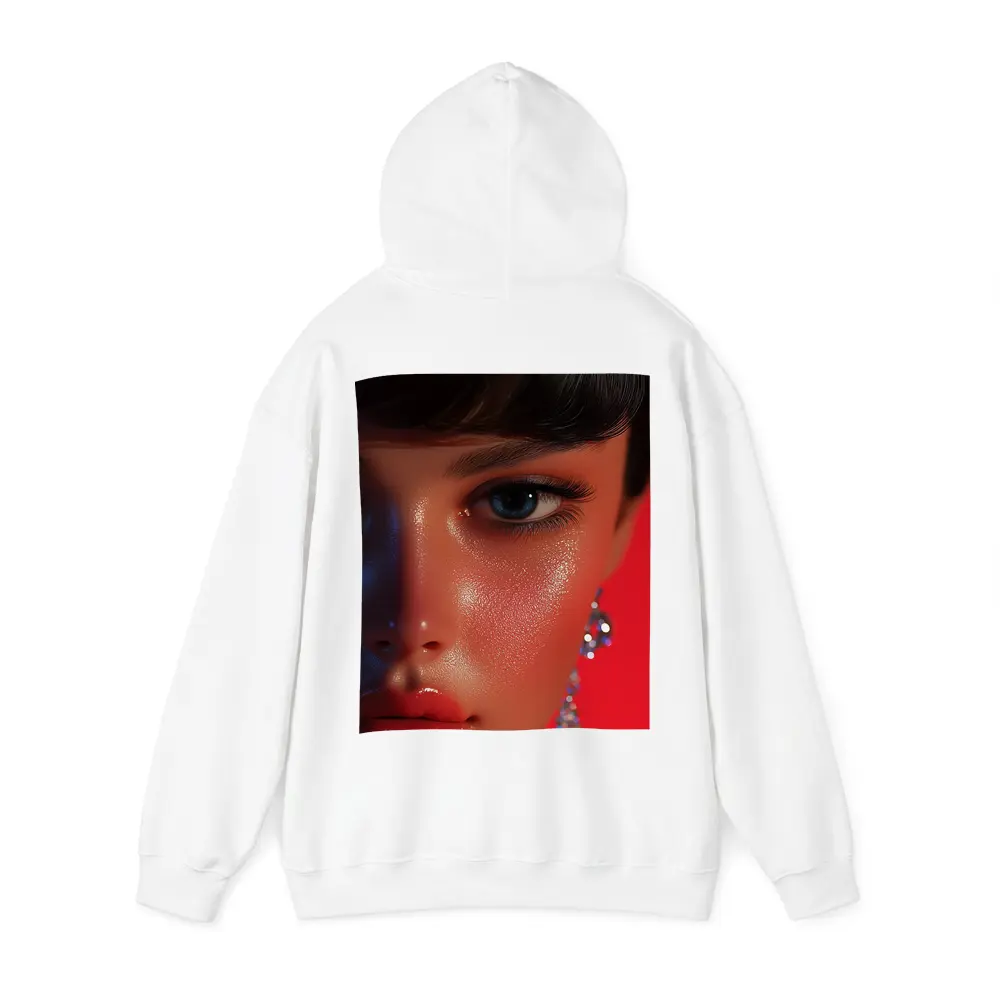Close Up Woman Portrait Red Background Blue Eyes – Hoodies