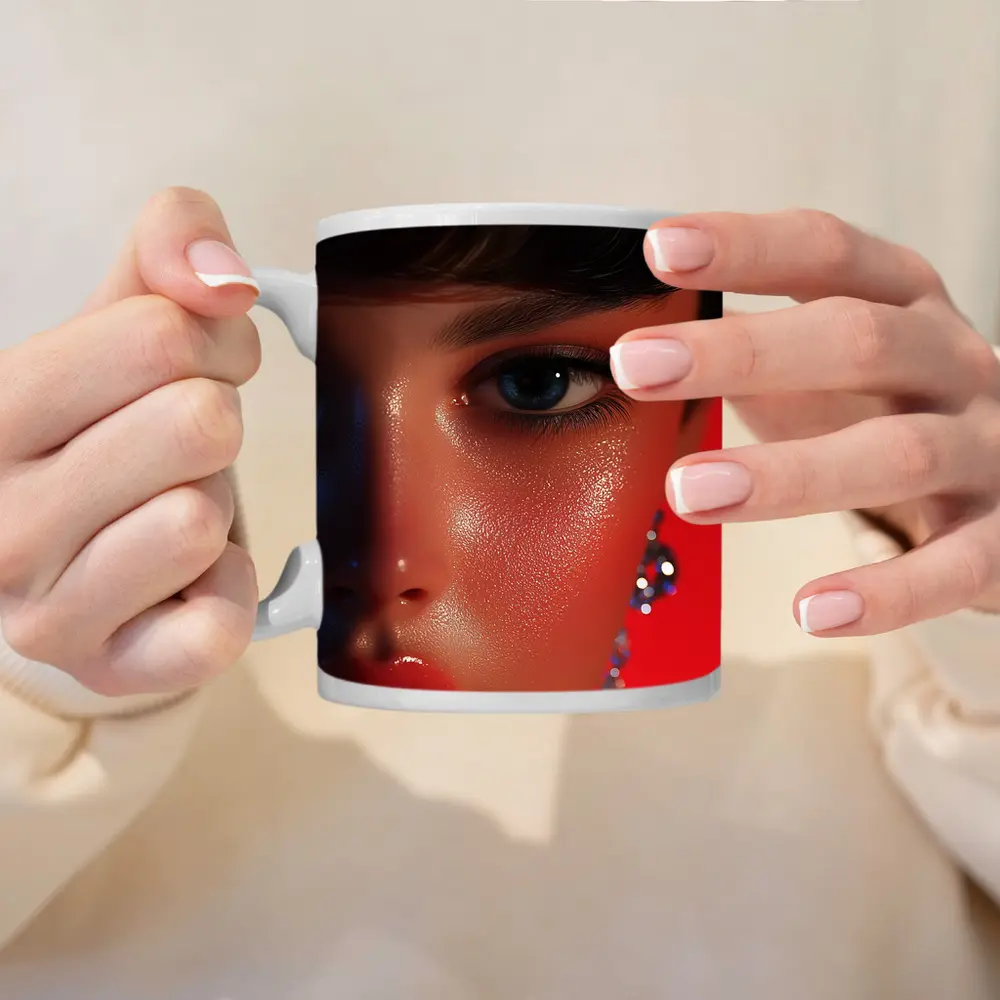 Close Up Woman Portrait Red Background Blue Eyes – Mugs