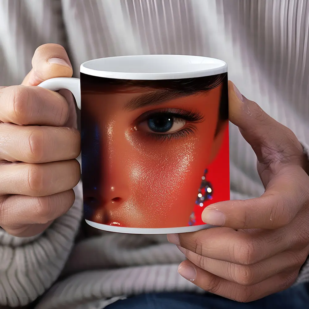 Close Up Woman Portrait Red Background Blue Eyes – Mugs