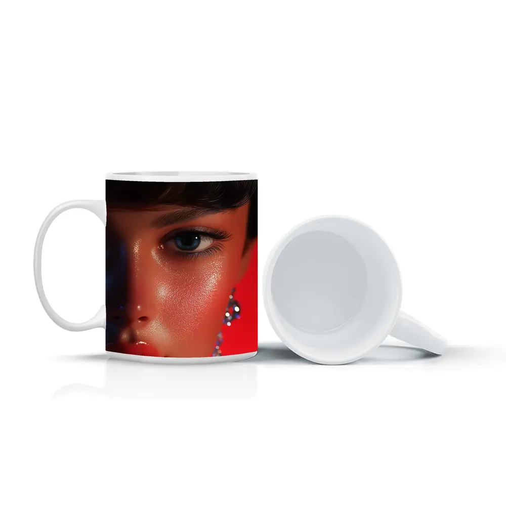 Close Up Woman Portrait Red Background Blue Eyes – Mugs