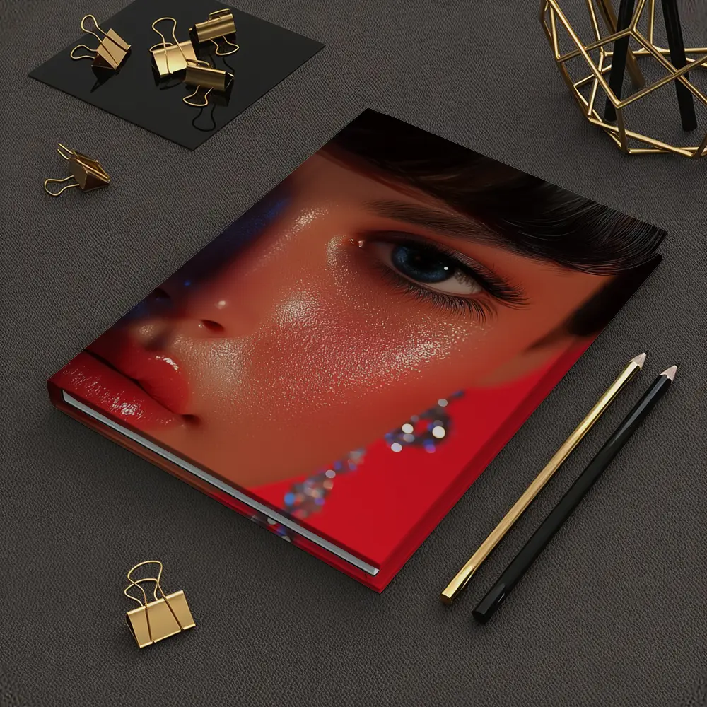 Close Up Woman Portrait Red Background Blue Eyes – Notebooks