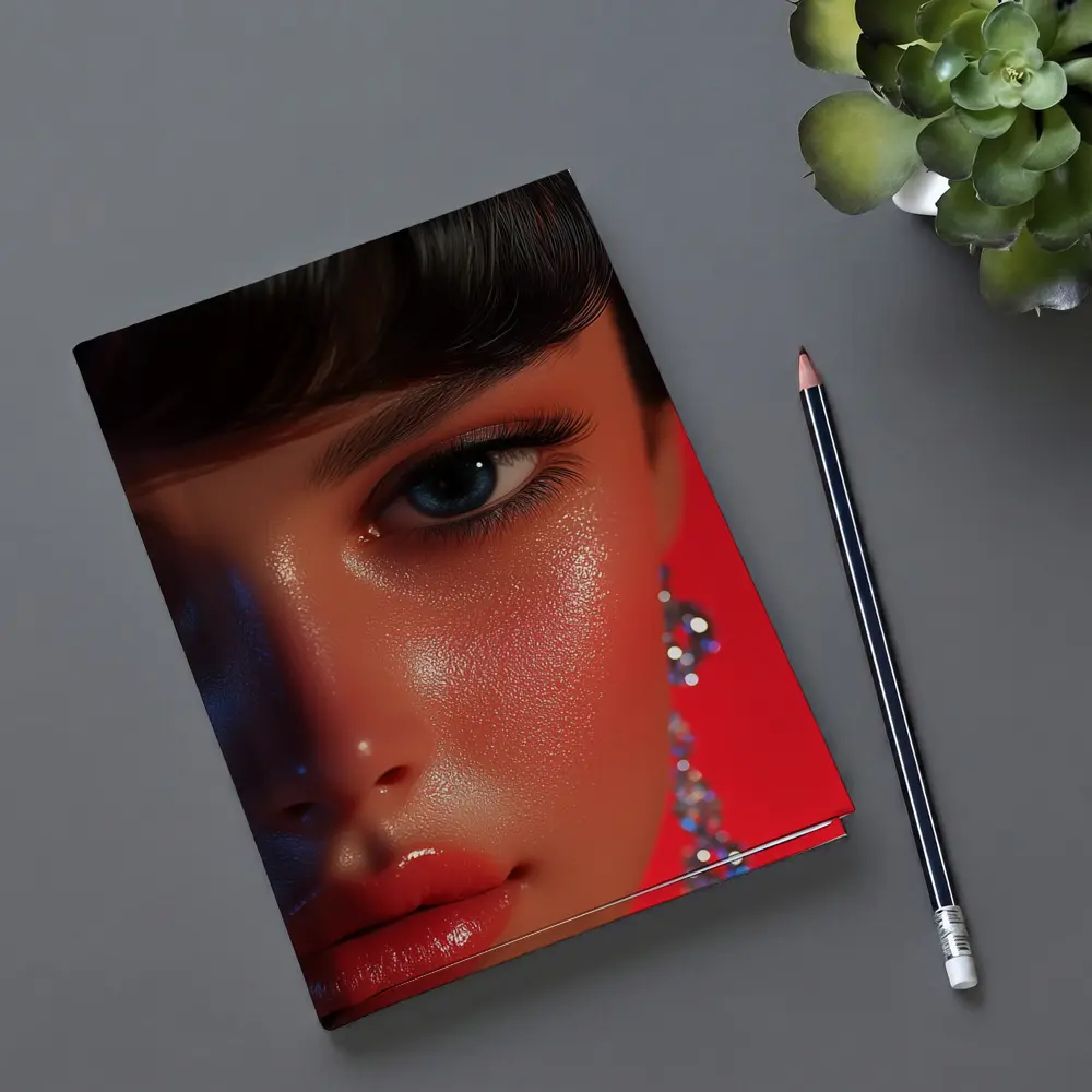 Close Up Woman Portrait Red Background Blue Eyes – Notebooks