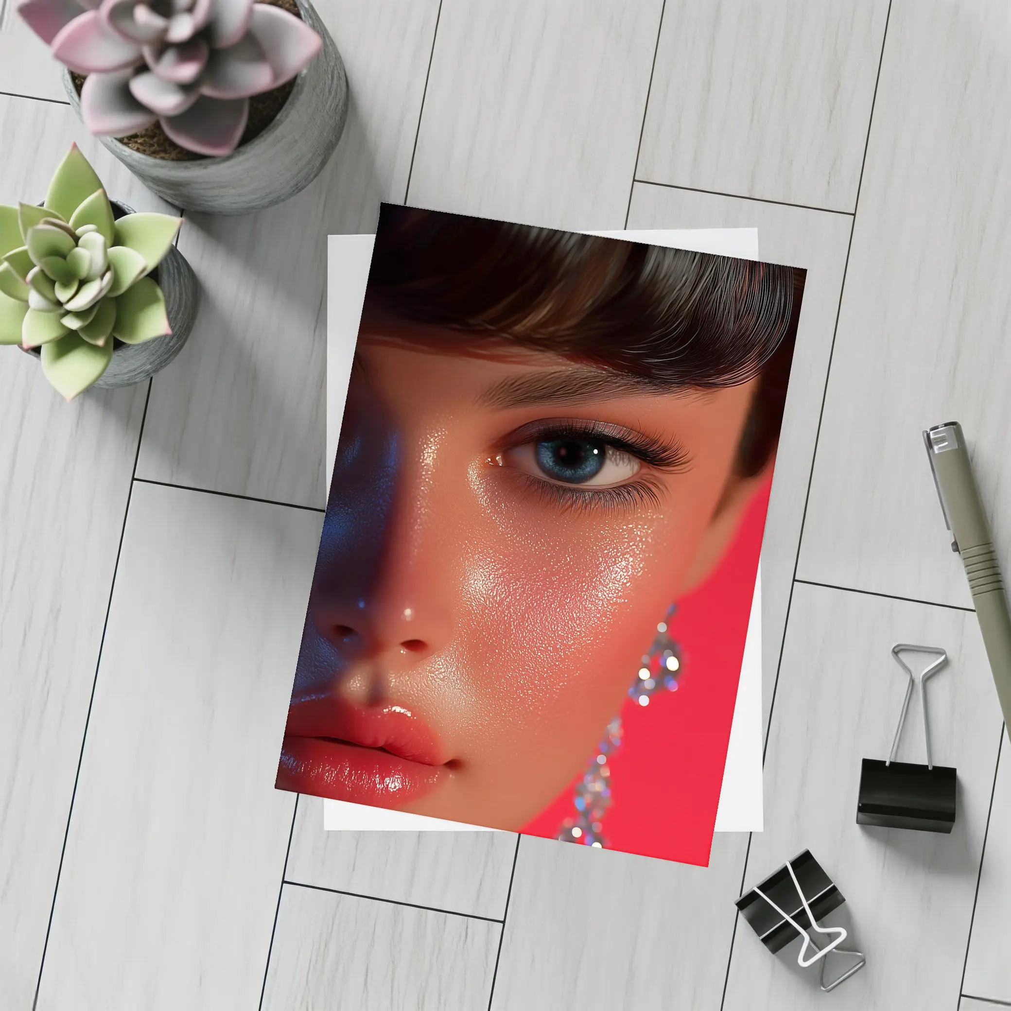 Close Up Woman Portrait Red Background Blue Eyes – Postcards