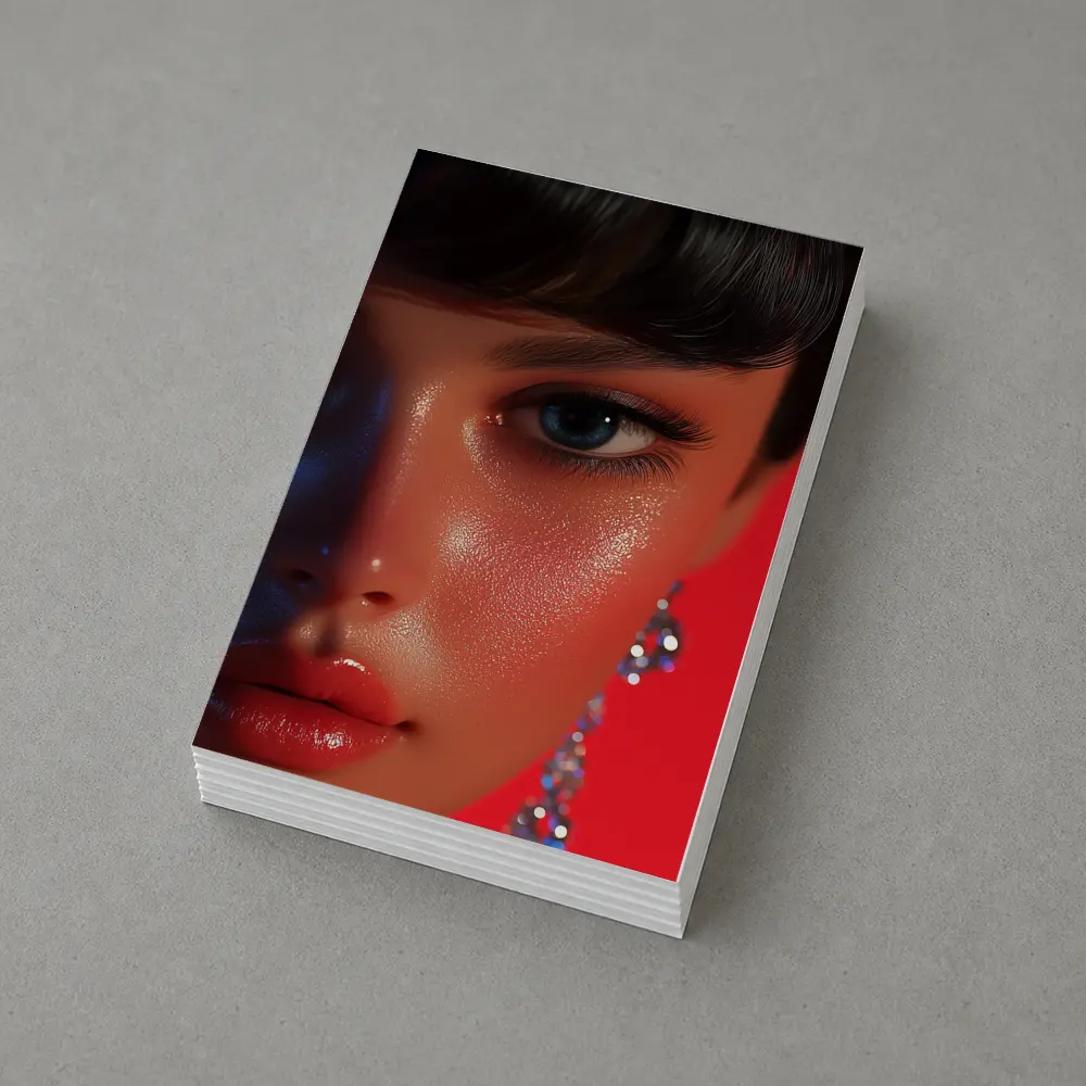 Close Up Woman Portrait Red Background Blue Eyes – Postcards