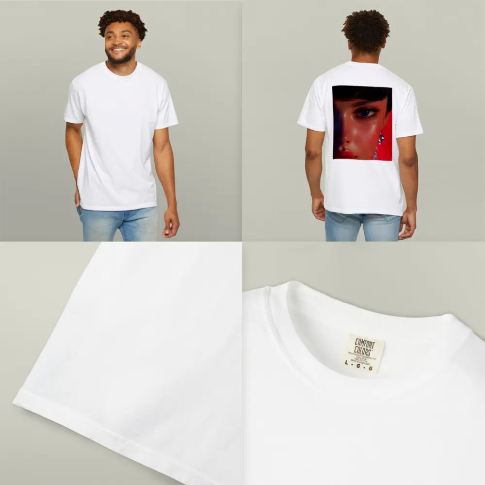 Close Up Woman Portrait Red Background Blue Eyes – T-Shirts