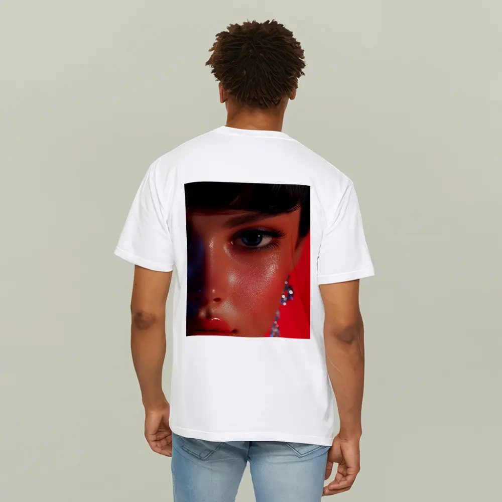 Close Up Woman Portrait Red Background Blue Eyes – T-Shirts