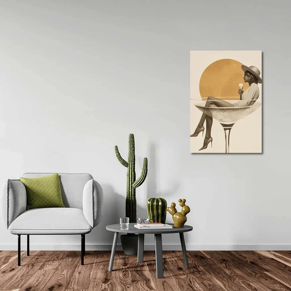 Woman Sitting In Champagne Glass Gold Sun – Wall Art