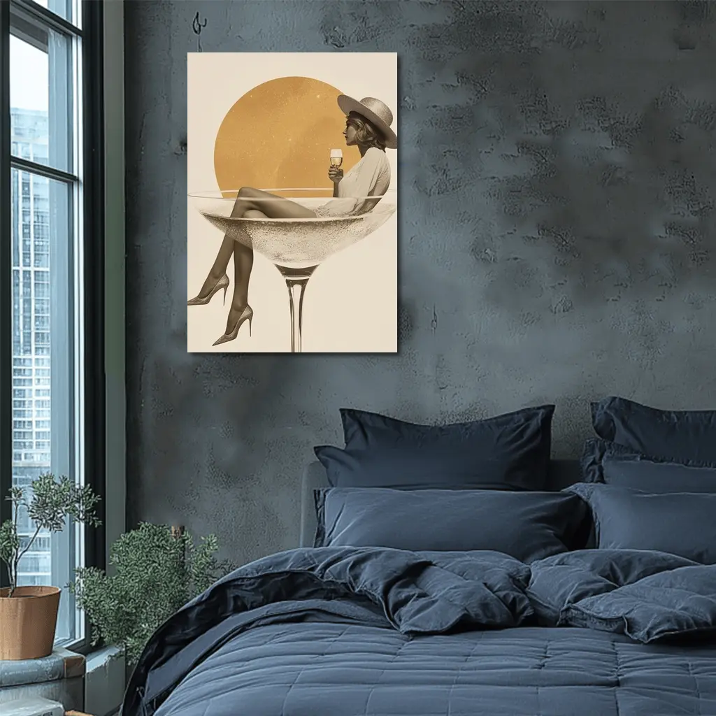 Woman Sitting In Champagne Glass Gold Sun – Wall Art