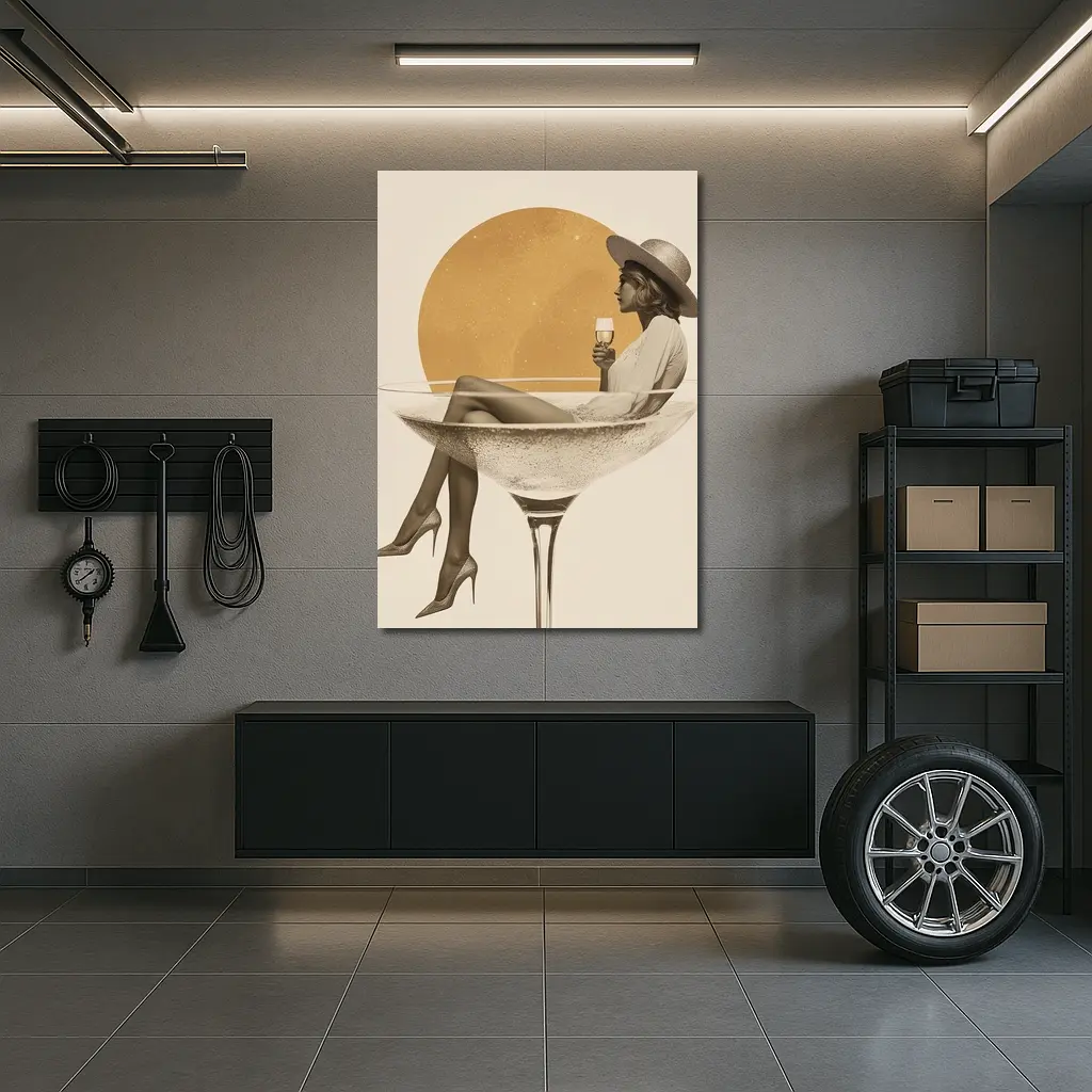 Woman Sitting In Champagne Glass Gold Sun – Wall Art
