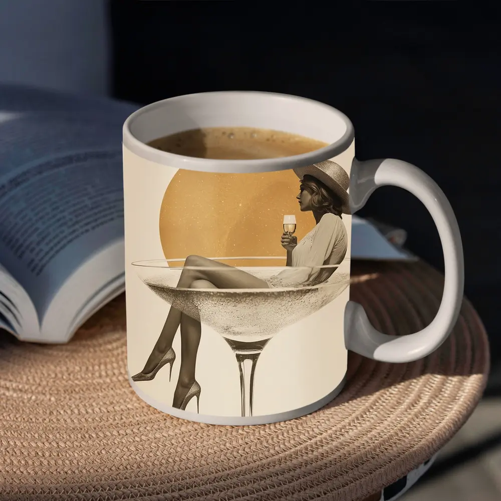 Woman Sitting In Champagne Glass Gold Sun – Mugs