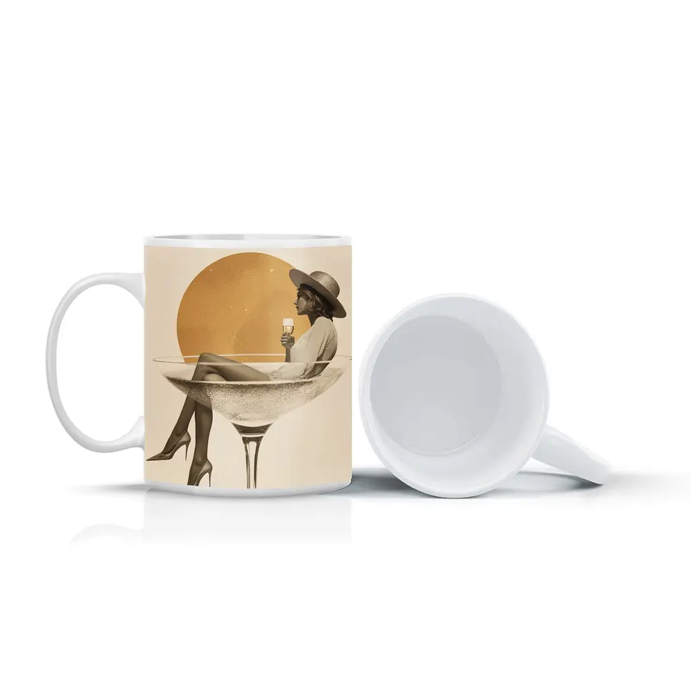 Woman Sitting In Champagne Glass Gold Sun – Mugs