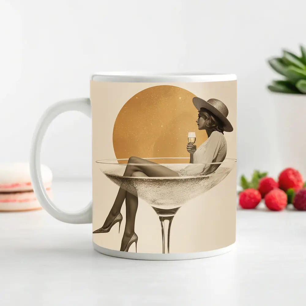 Woman Sitting In Champagne Glass Gold Sun – Mugs