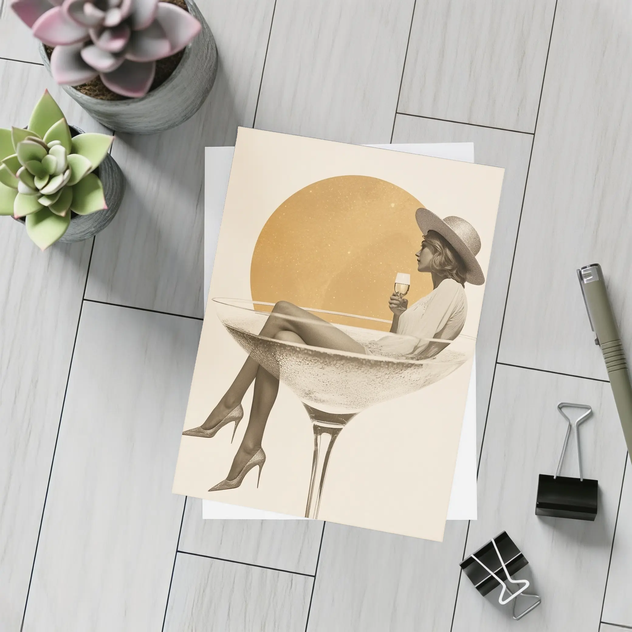 Woman Sitting In Champagne Glass Gold Sun – Postcards