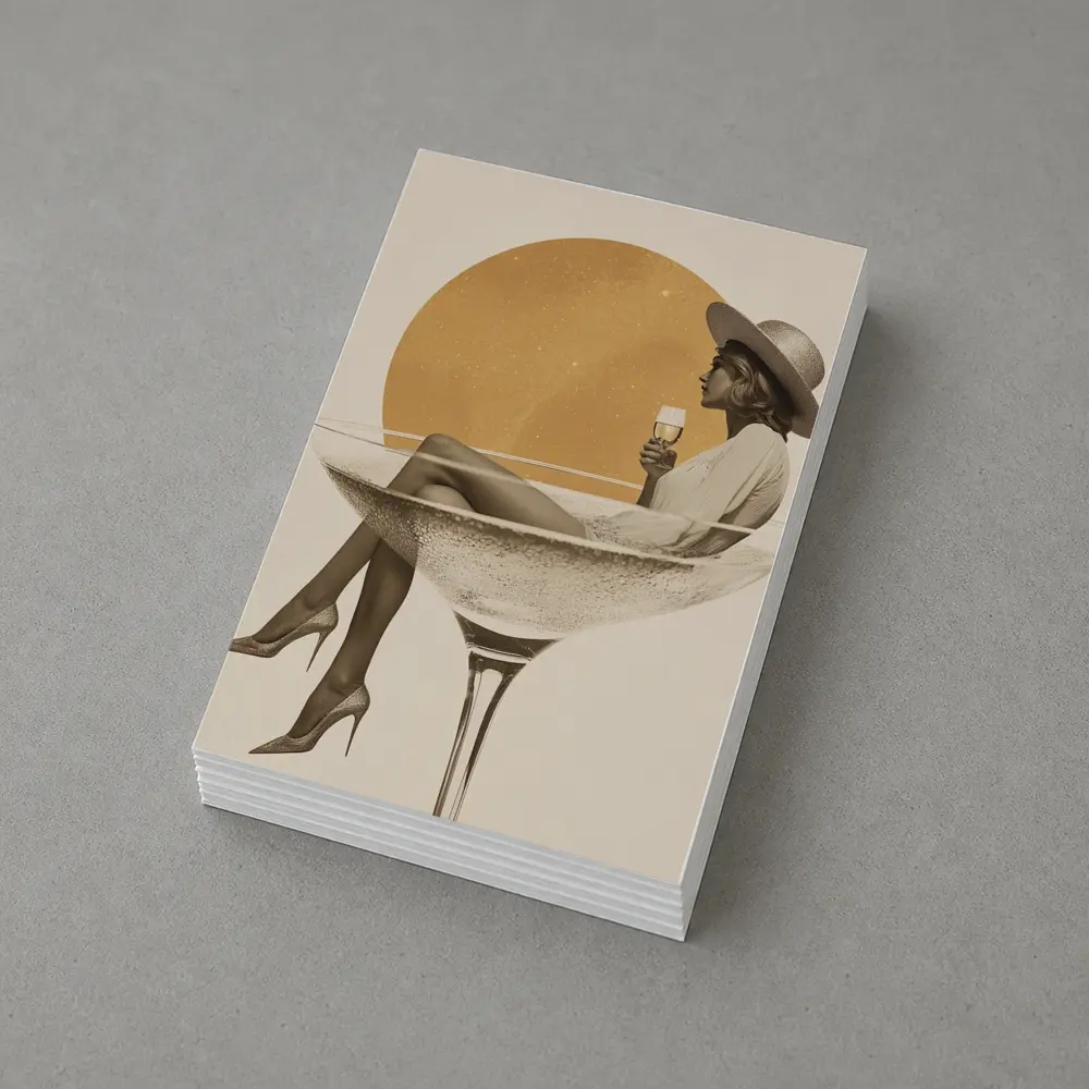 Woman Sitting In Champagne Glass Gold Sun – Postcards