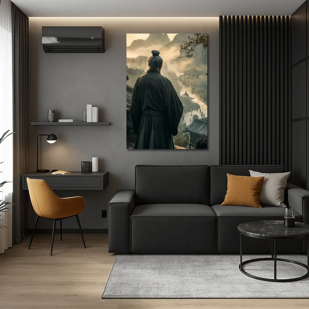 Samurai Elder Overlooking Misty Ancient Village – Wall Art