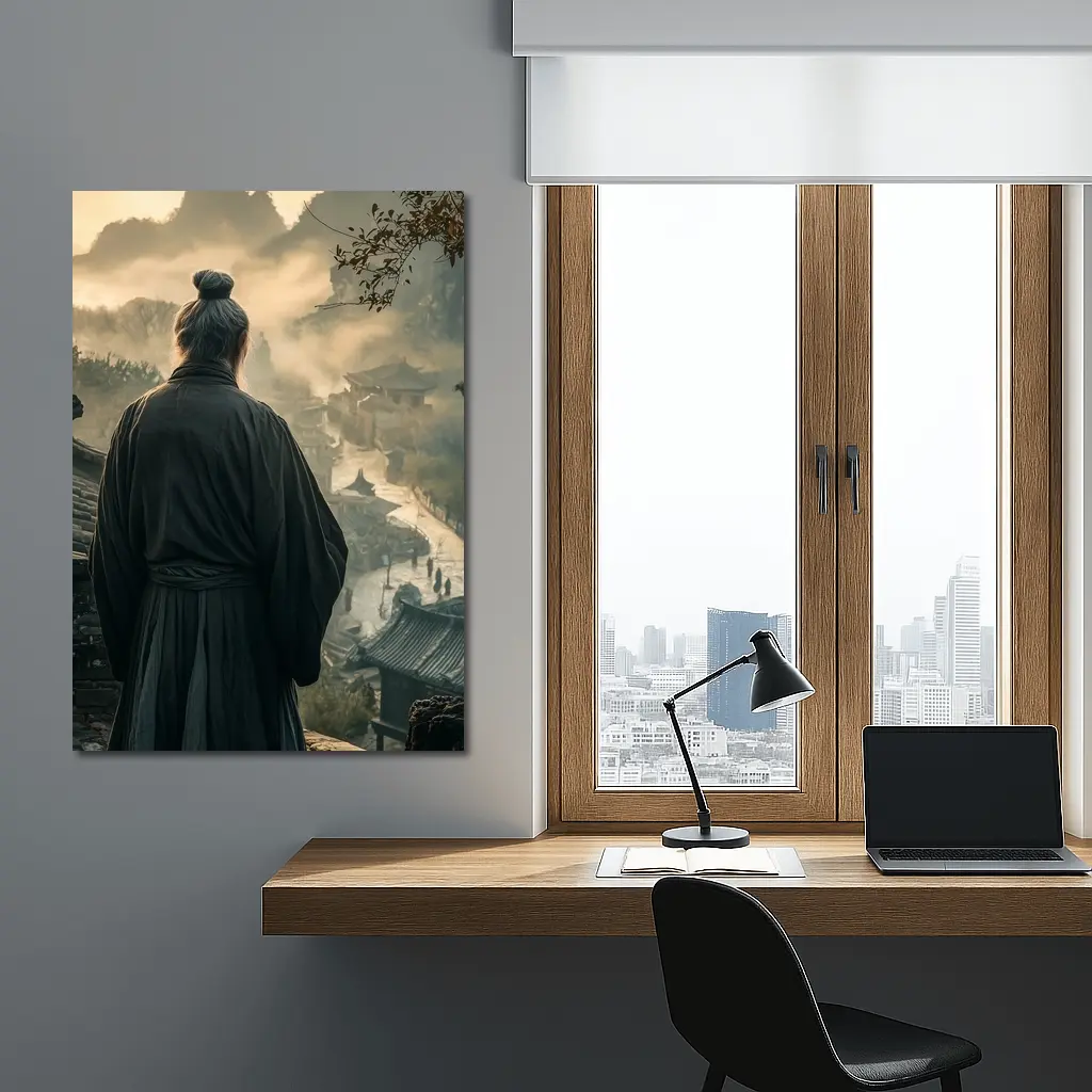 Samurai Elder Overlooking Misty Ancient Village – Wall Art