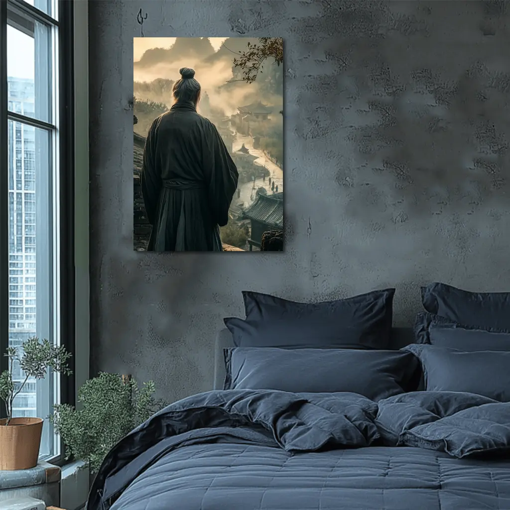 Samurai Elder Overlooking Misty Ancient Village – Wall Art