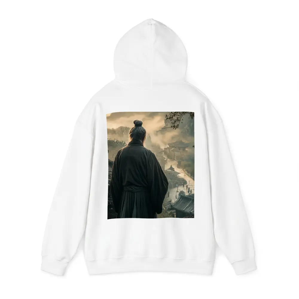 Samurai Elder Overlooking Misty Ancient Village – Hoodies